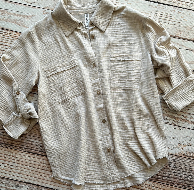 Nelly Button Down Top in Sand Beige